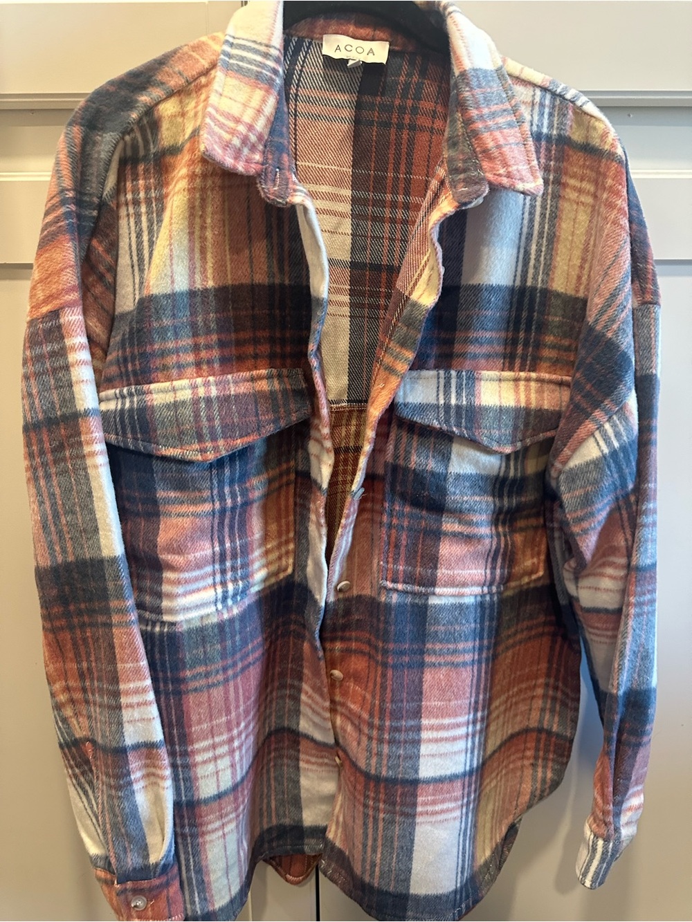 Women's Plaid Shacket in pink & denim blue.
